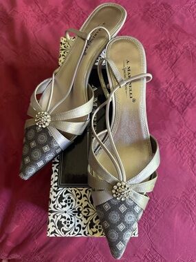 A. Marinelli Silver Pointed Toe Slingback Mules with Rhinestone Accent